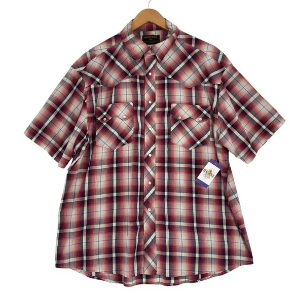 Vtg Rustler Wrangler Plaid Pearl Snap Shirt XL Red Short Sleeve Western Rodeo - Picture 11 of 11